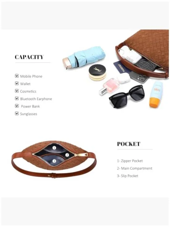 Vegan Leather Woven Shoulder Bag Hobo Purse Satchel - Picture 6 of 7